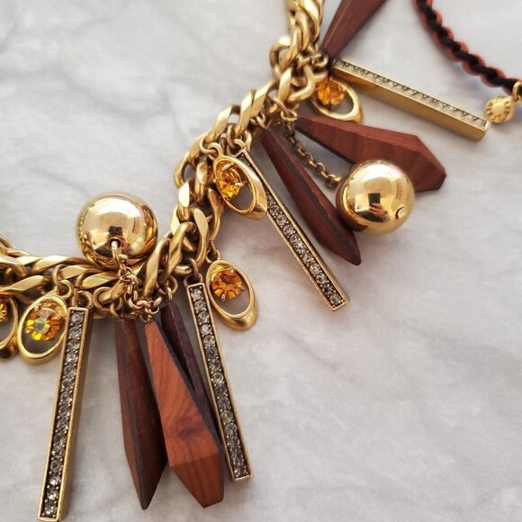 ✨ J.Crew Geometric Wood Rhinestones Crystals Balls Cord Necklace ✨ - Picture 9 of 16